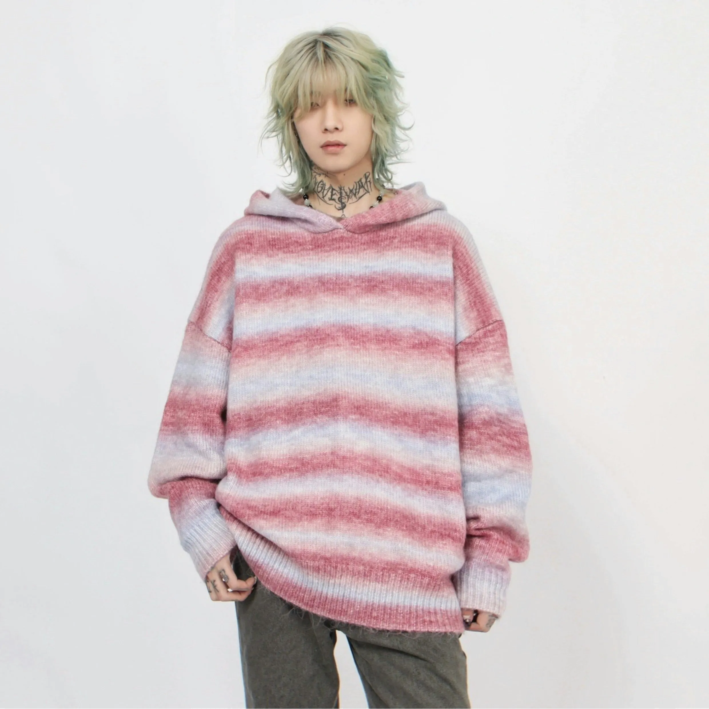 Oversized Pastel Striped Ribbed Hem Hoodie Sweater