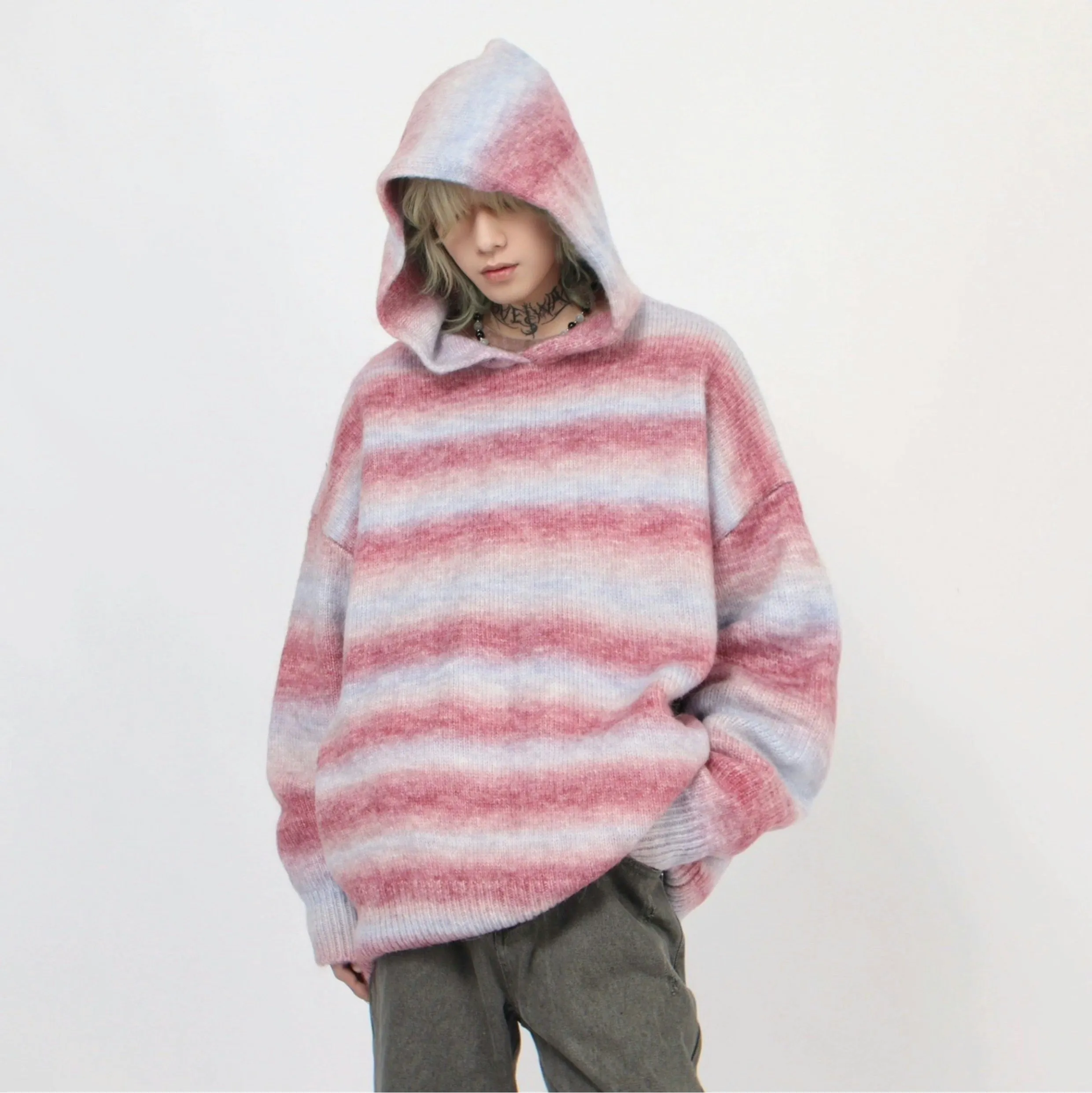 Oversized Pastel Striped Ribbed Hem Hoodie Sweater