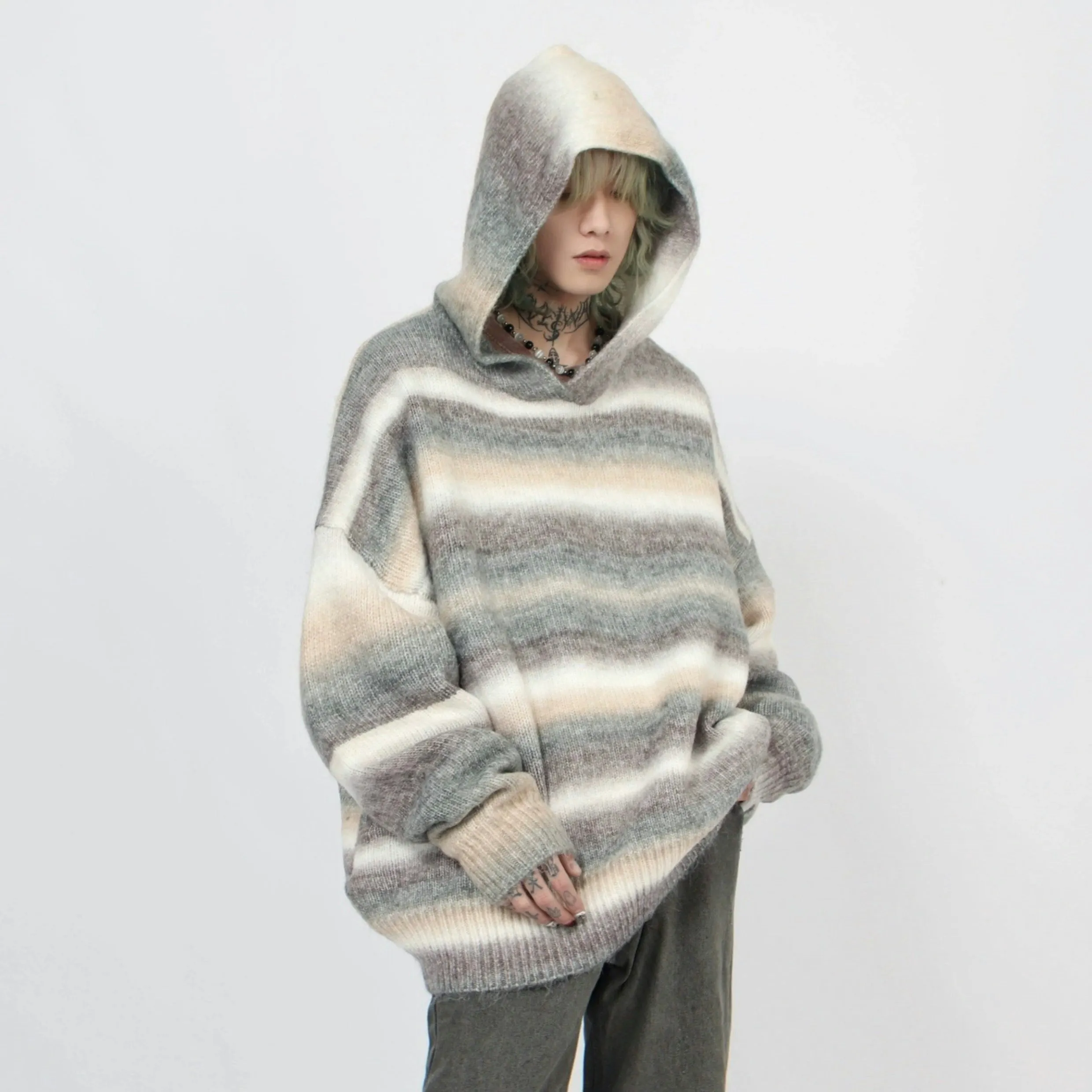 Oversized Pastel Striped Ribbed Hem Hoodie Sweater