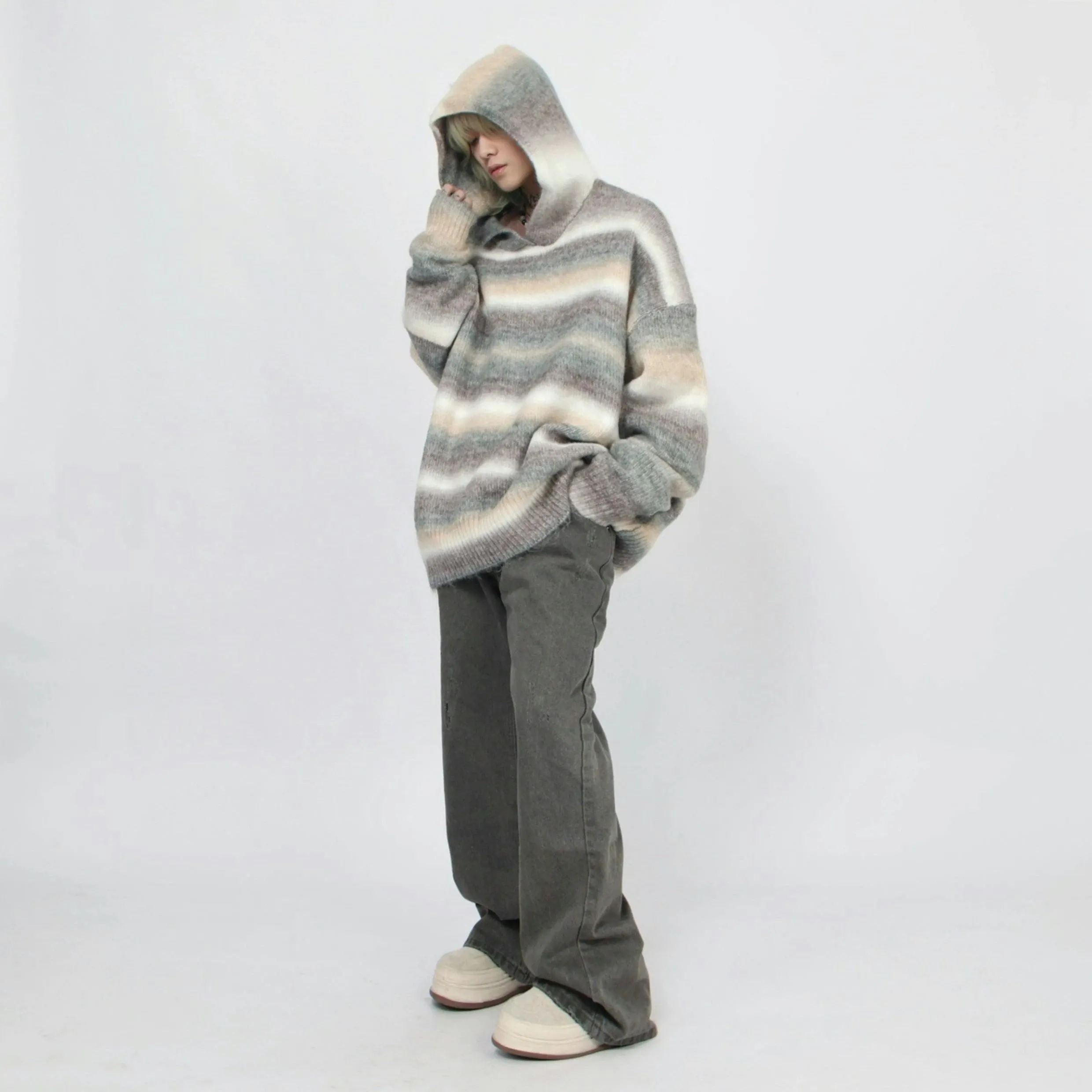 Oversized Pastel Striped Ribbed Hem Hoodie Sweater