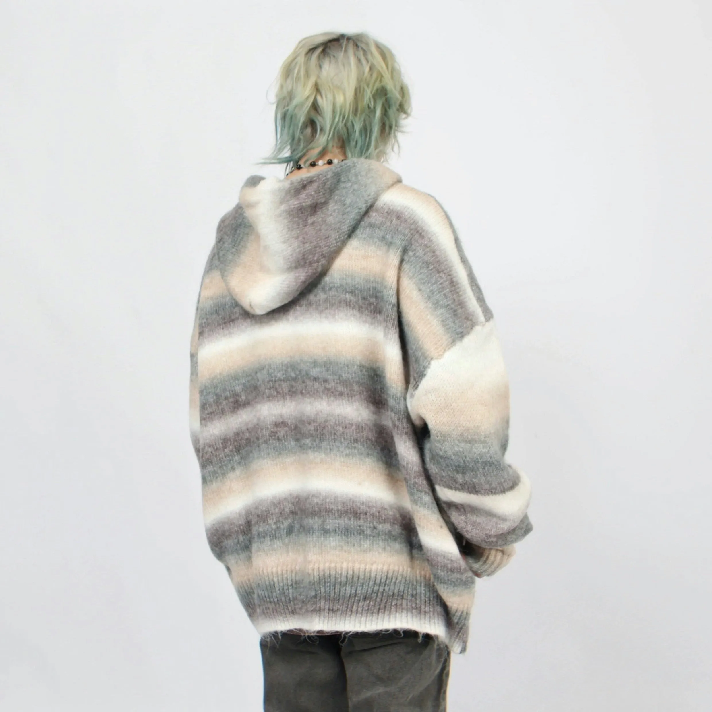 Oversized Pastel Striped Ribbed Hem Hoodie Sweater