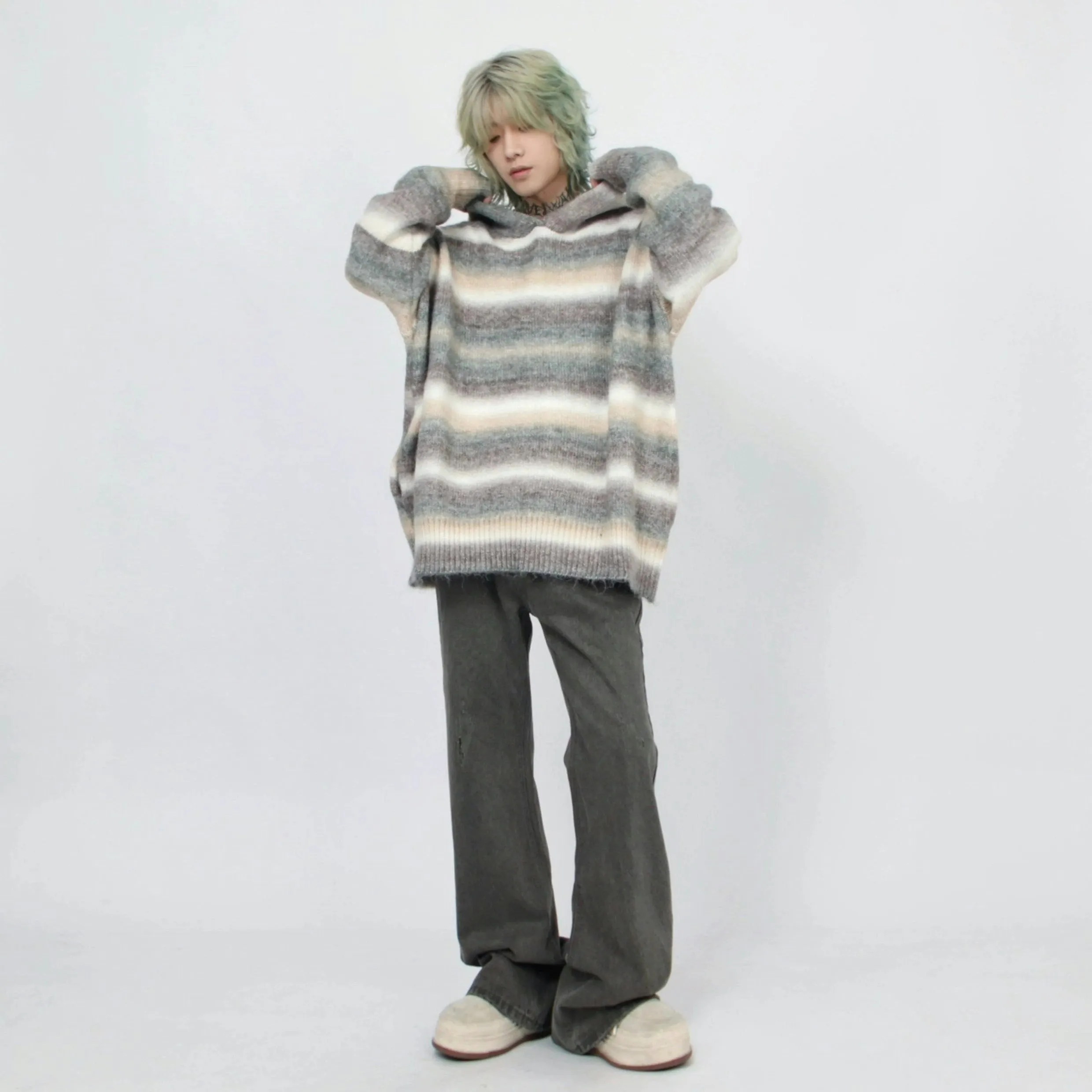 Oversized Pastel Striped Ribbed Hem Hoodie Sweater