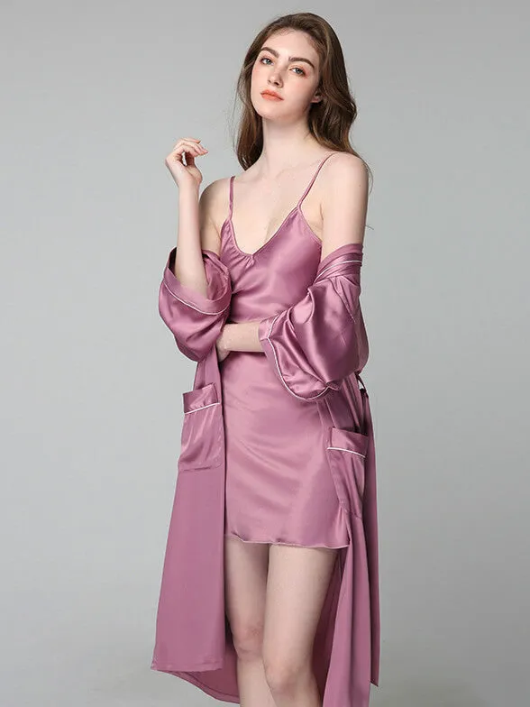 Piped Long Brides and Bridesmaids Silk Nightgown and Robe Set