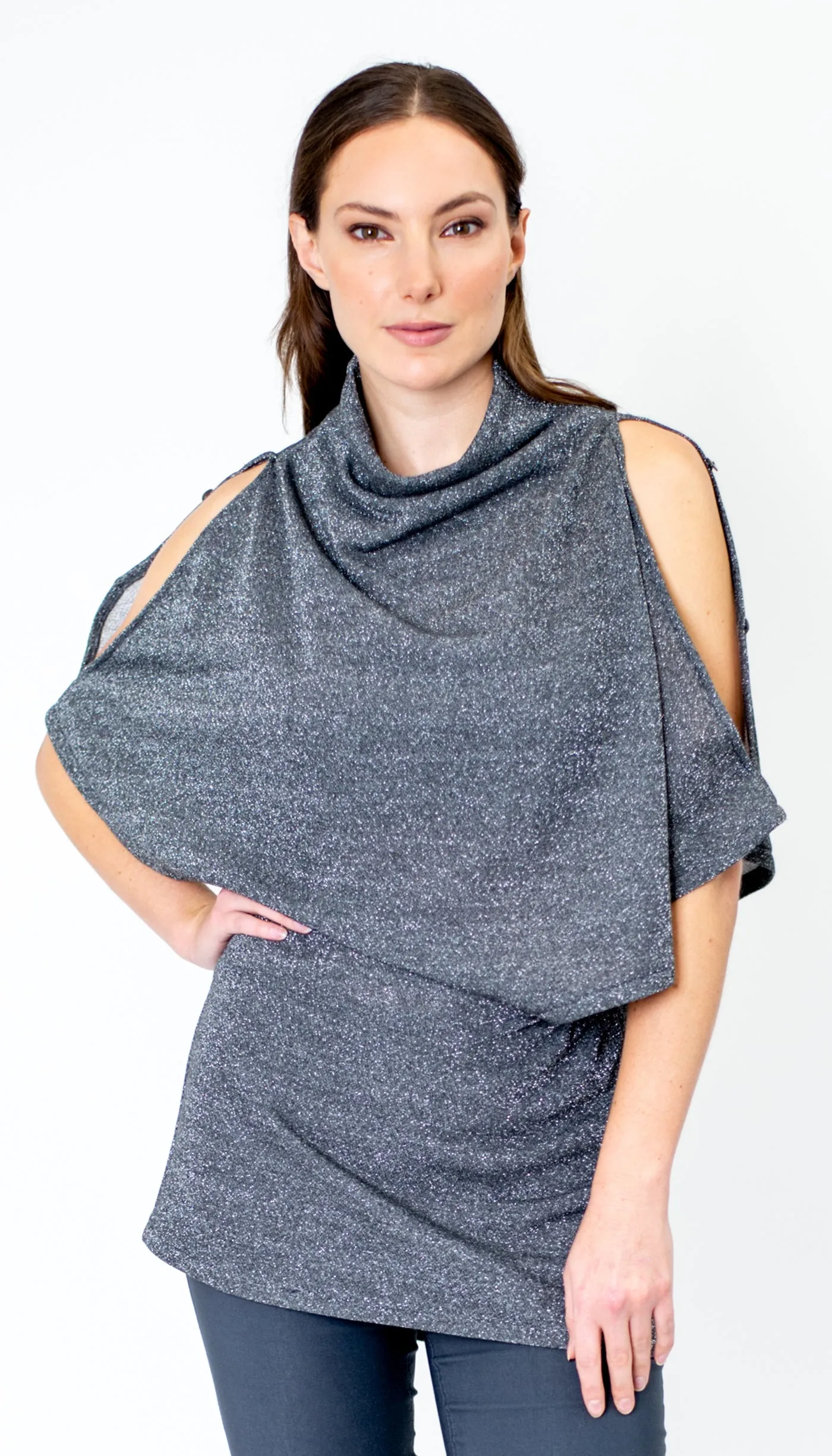 Poncho Tunic Top w/Split Shoulder / Silver Sparkle