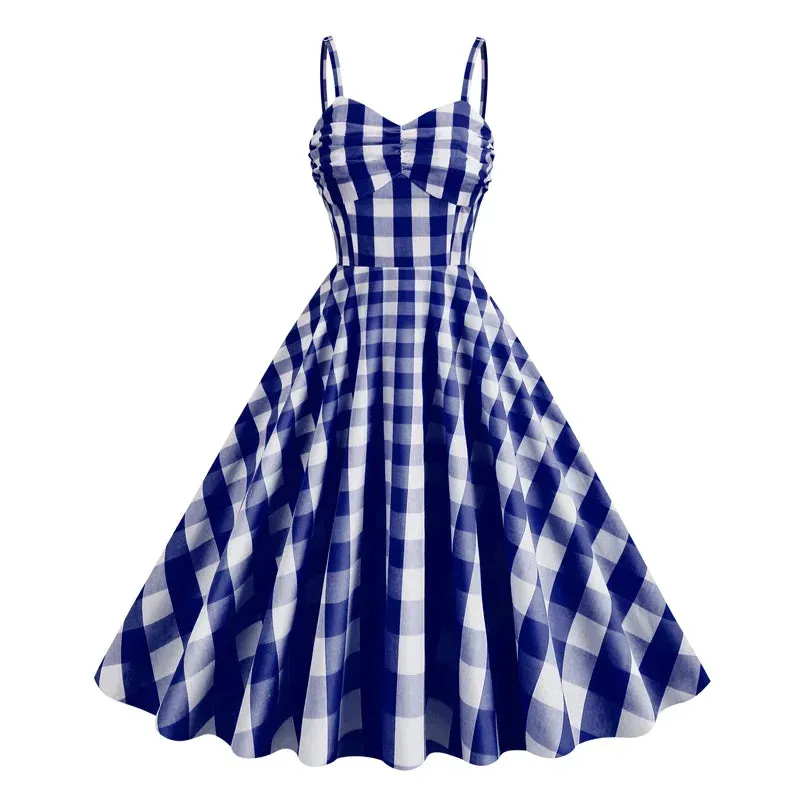 Rockabilly Style Dress, Vintage Retro Gingham Dress, Spaghetti Strap High Waist Party Retro Swing Dress