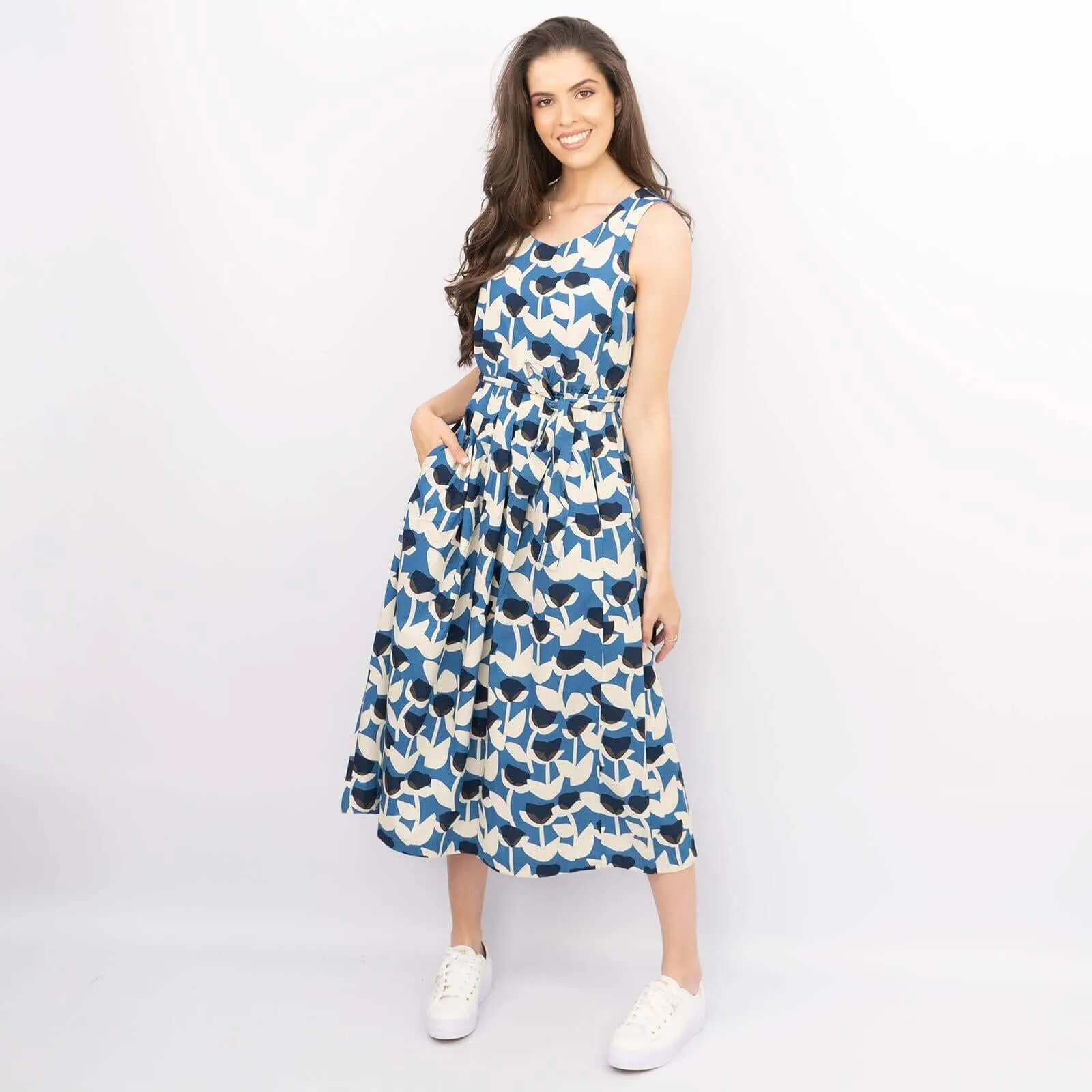 Seasalt Belle Blue Tulip Print Sleeveless Flare Midi Dresses