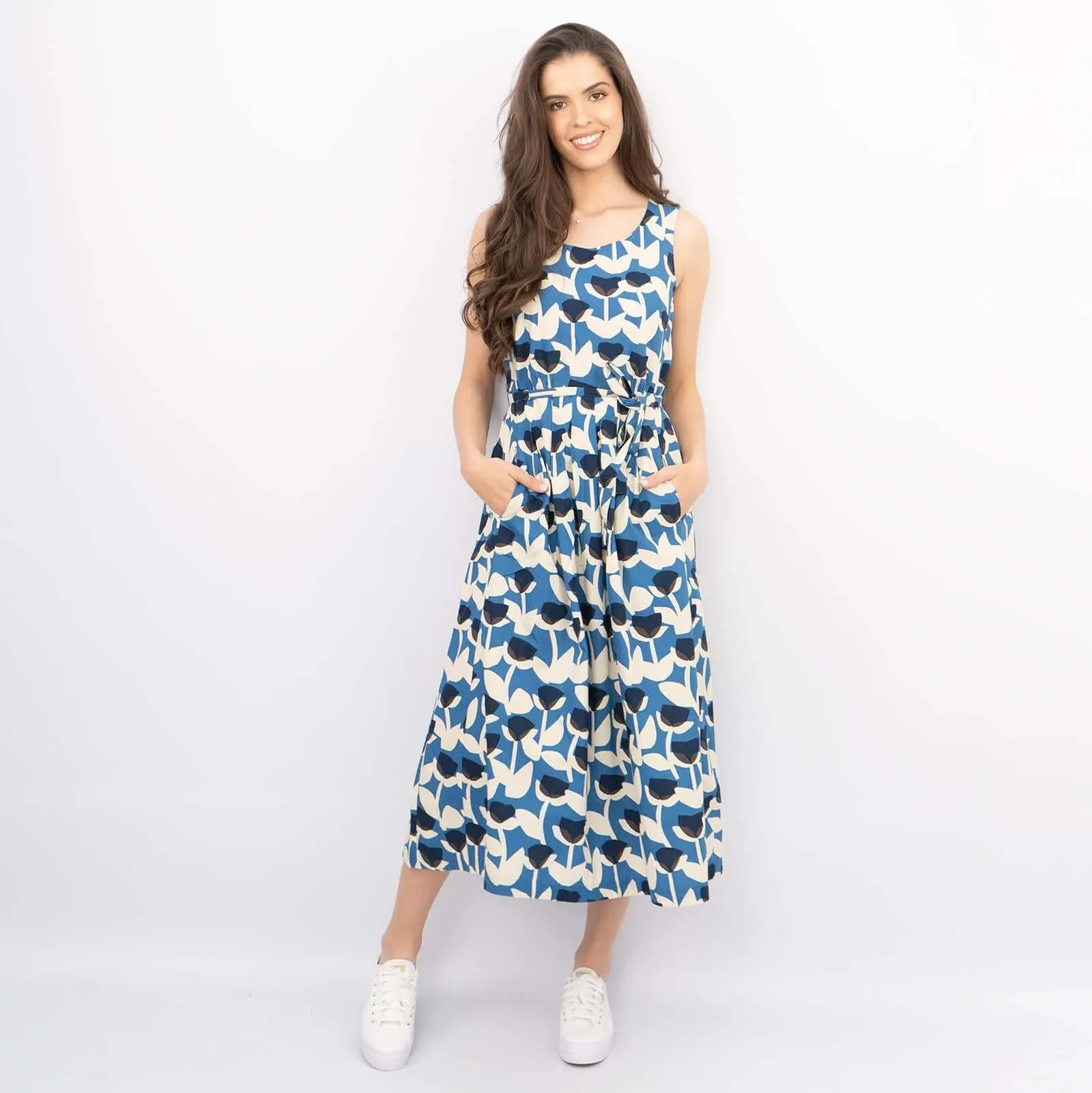 Seasalt Belle Blue Tulip Print Sleeveless Flare Midi Dresses