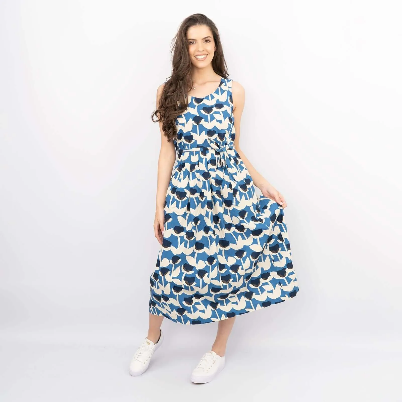 Seasalt Belle Blue Tulip Print Sleeveless Flare Midi Dresses