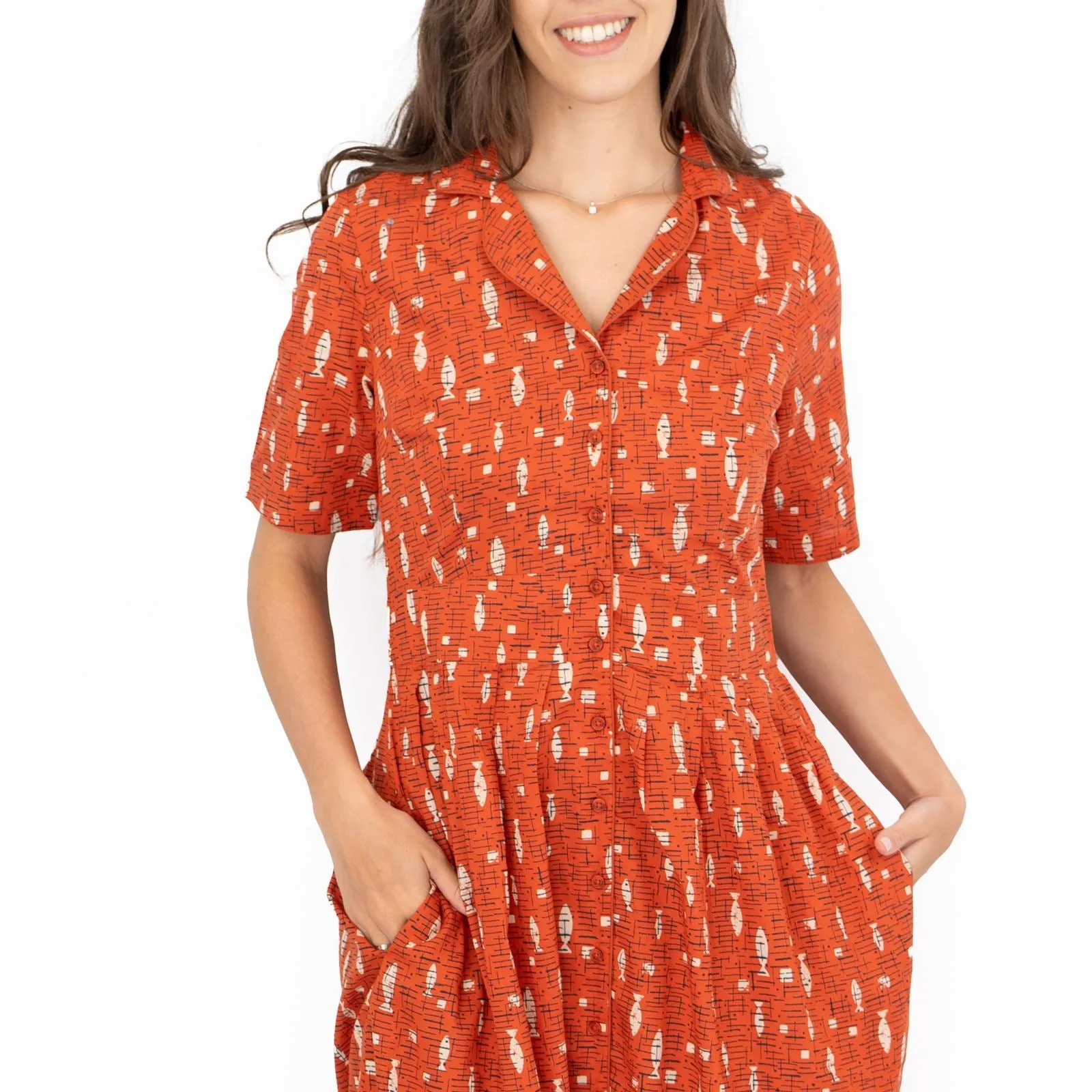 Seasalt Charlotte Orange Fish Short Sleeve Midi Fit & Flare Dress