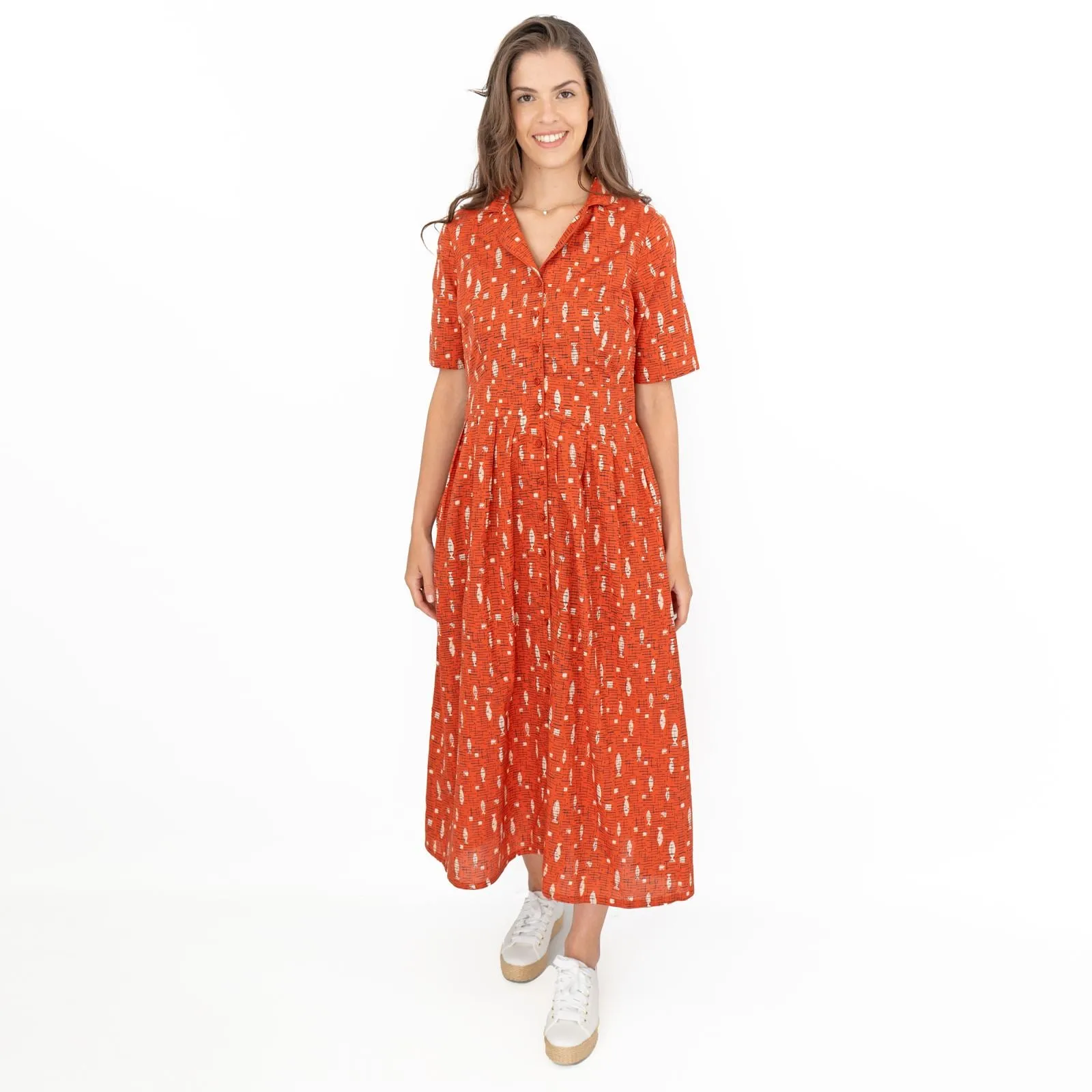 Seasalt Charlotte Orange Fish Short Sleeve Midi Fit & Flare Dress