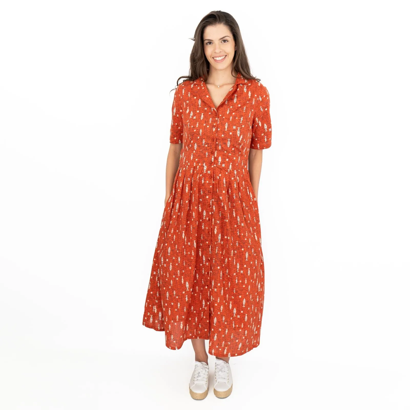 Seasalt Charlotte Orange Fish Short Sleeve Midi Fit & Flare Dress