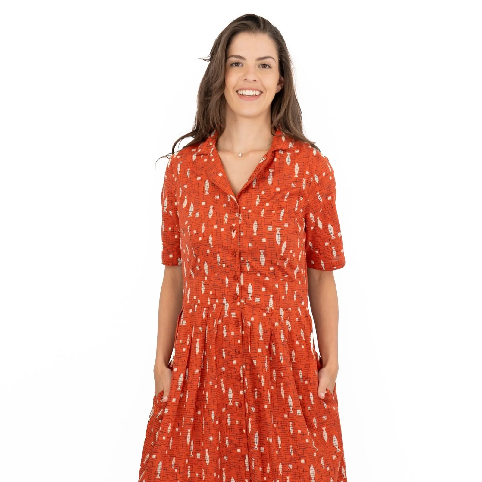 Seasalt Charlotte Orange Fish Short Sleeve Midi Fit & Flare Dress