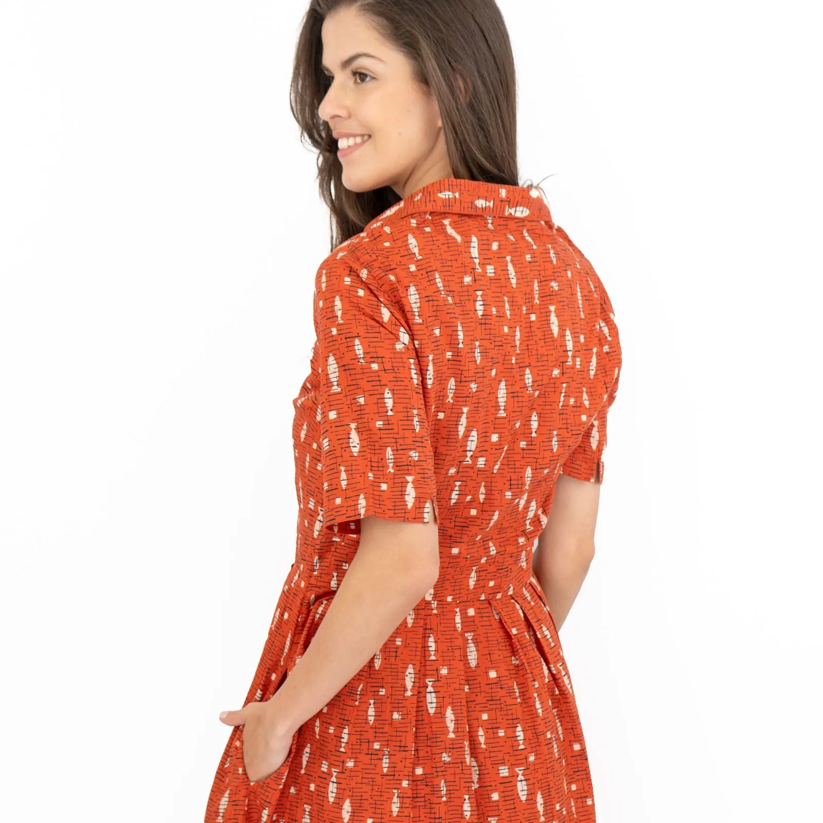 Seasalt Charlotte Orange Fish Short Sleeve Midi Fit & Flare Dress