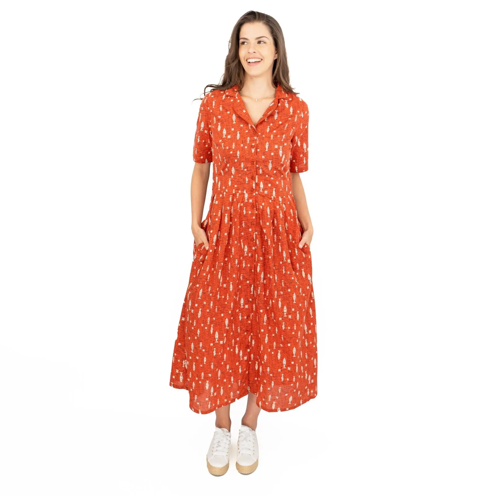 Seasalt Charlotte Orange Fish Short Sleeve Midi Fit & Flare Dress