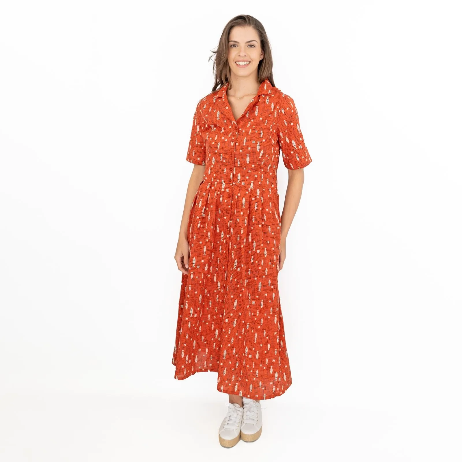 Seasalt Charlotte Orange Fish Short Sleeve Midi Fit & Flare Dress