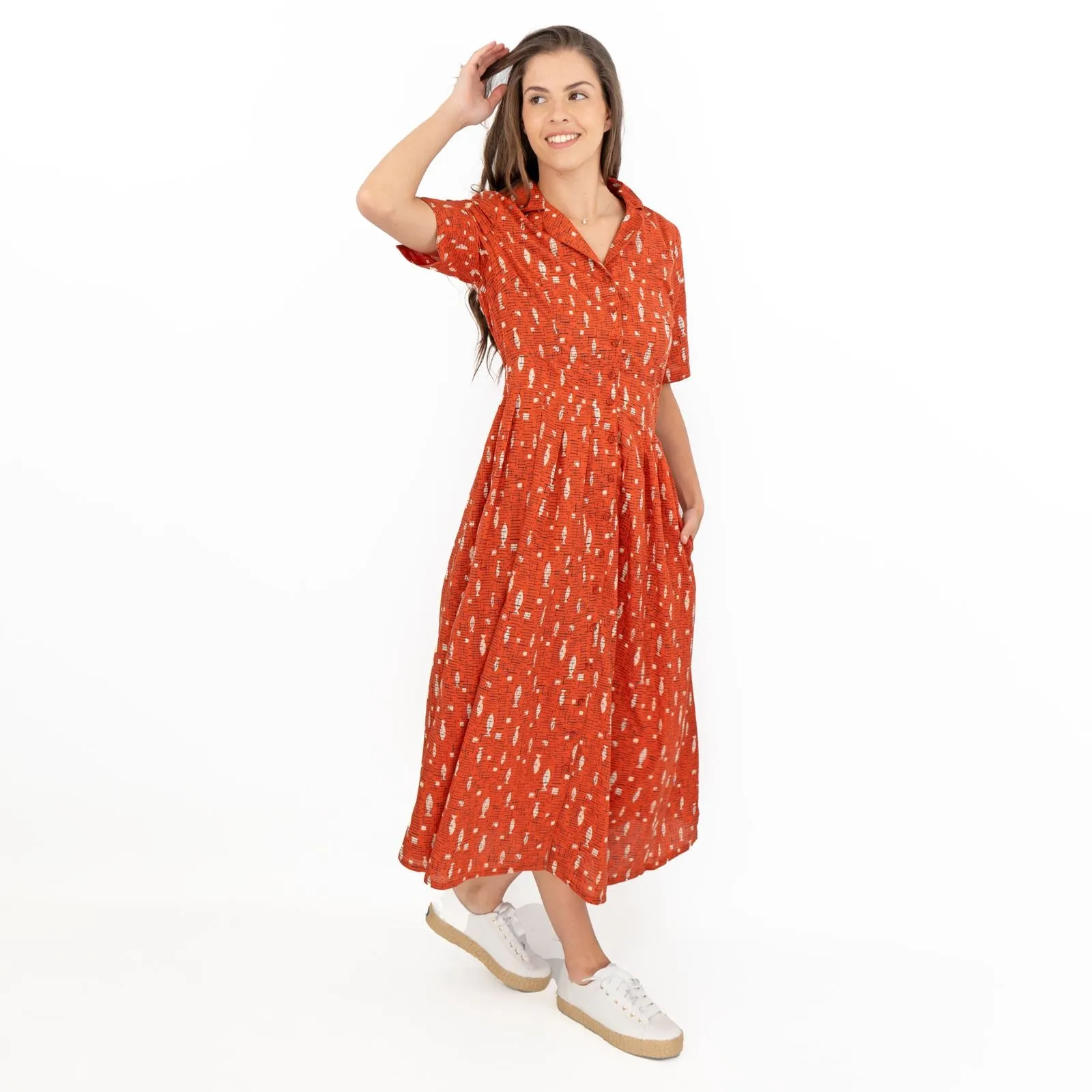 Seasalt Charlotte Orange Fish Short Sleeve Midi Fit & Flare Dress