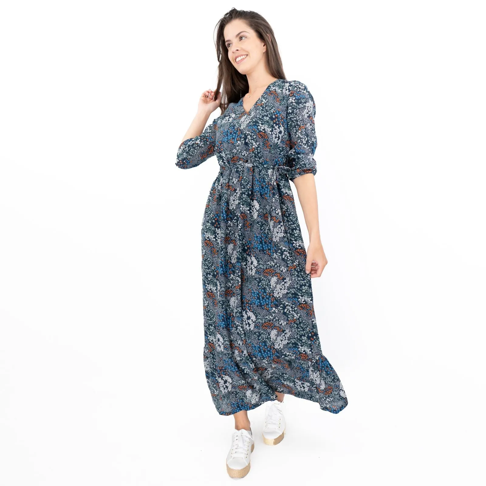 Seasalt Navy Corn Marigold Floral Print 3/4 Sleeve Maxi Dress