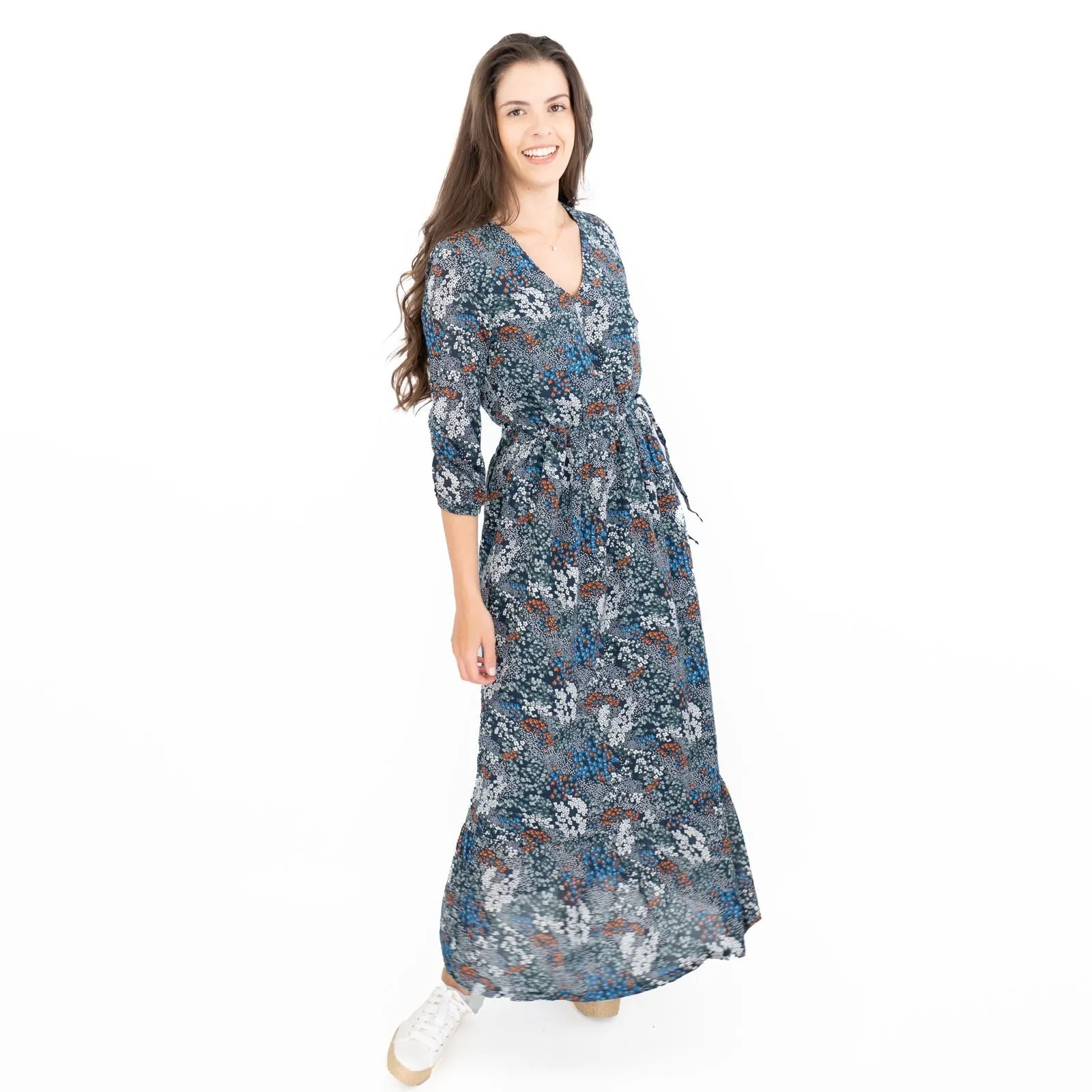 Seasalt Navy Corn Marigold Floral Print 3/4 Sleeve Maxi Dress