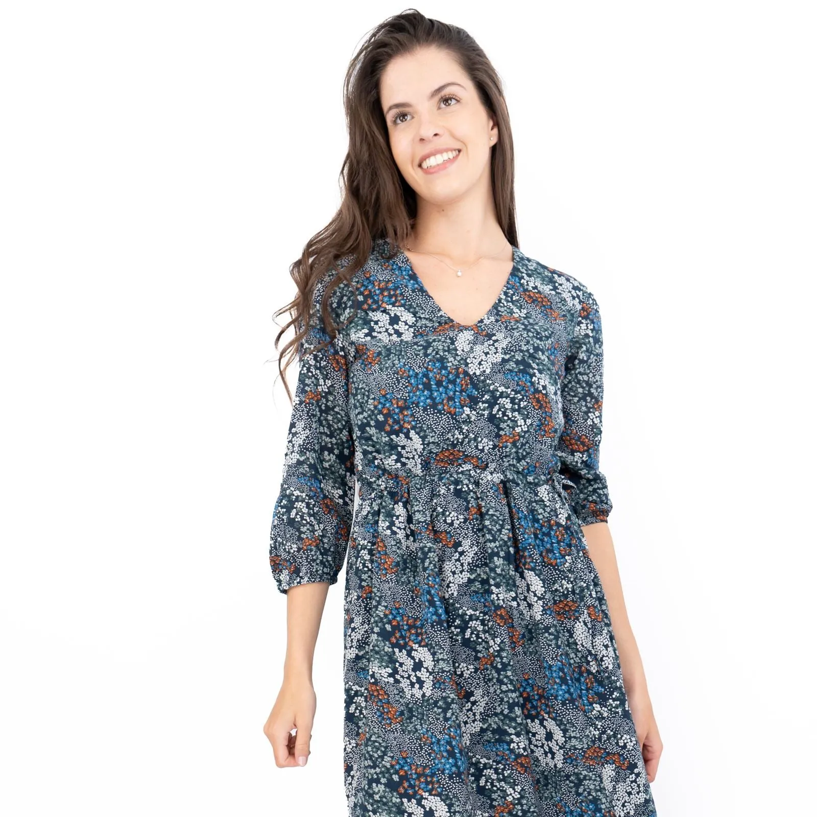 Seasalt Navy Corn Marigold Floral Print 3/4 Sleeve Maxi Dress