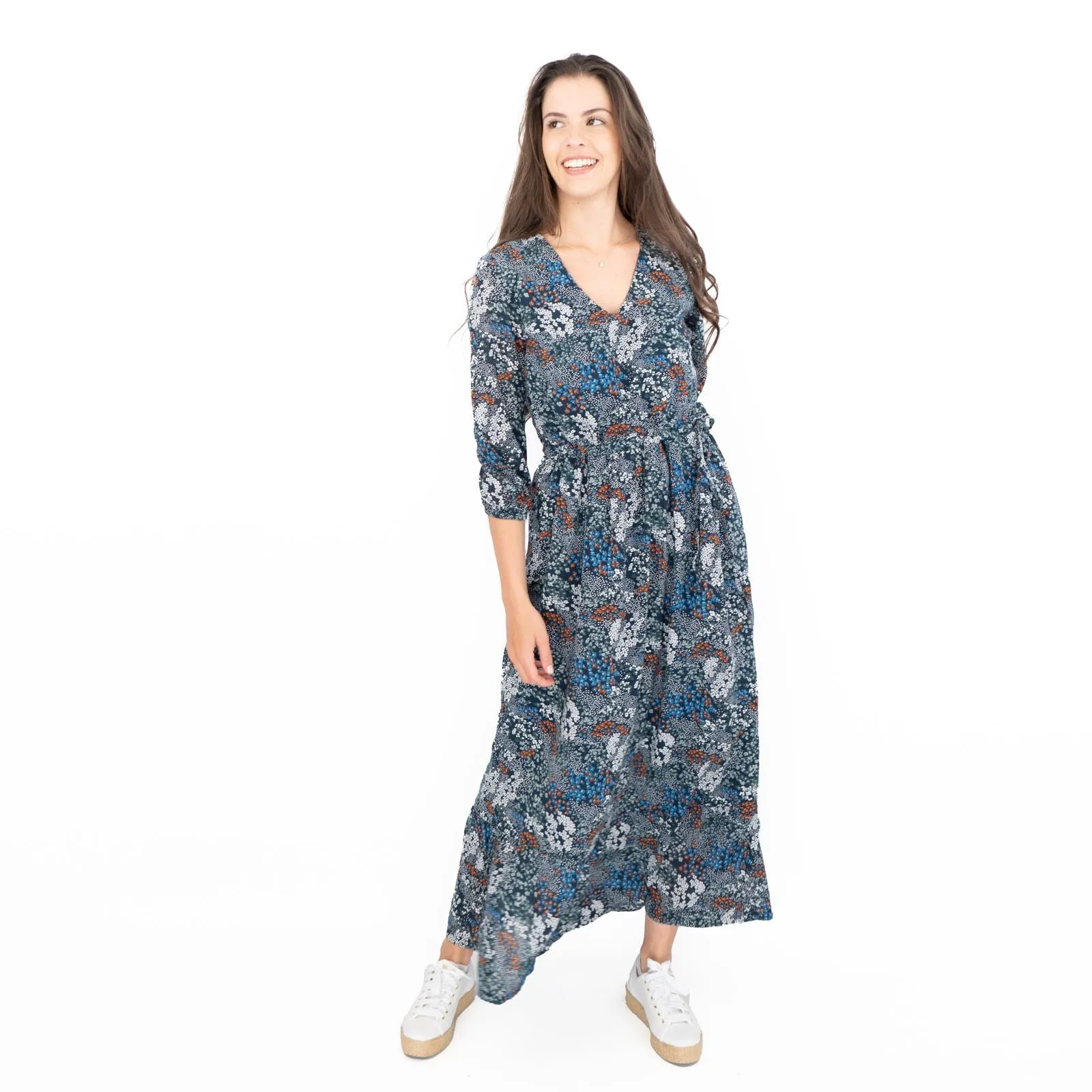 Seasalt Navy Corn Marigold Floral Print 3/4 Sleeve Maxi Dress