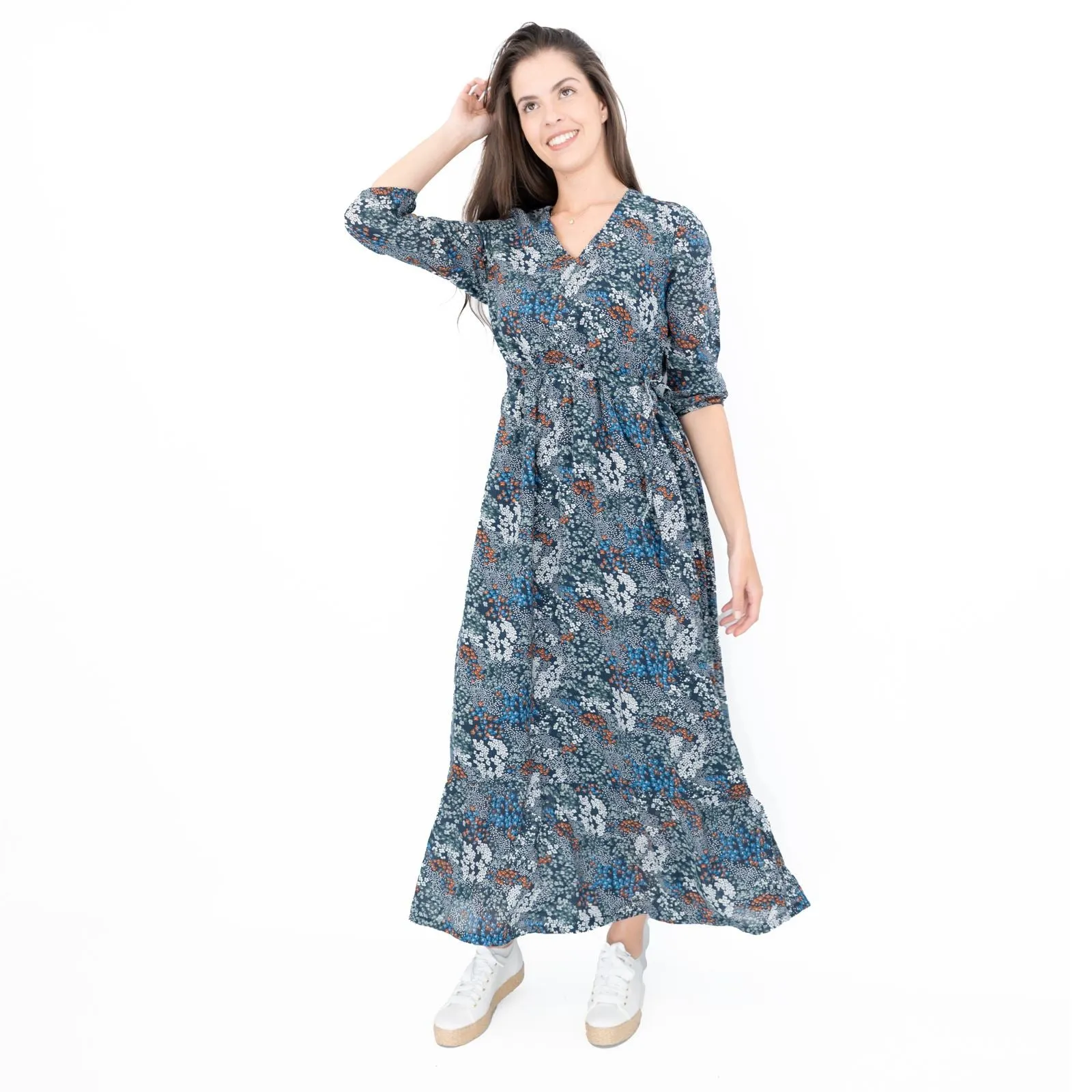 Seasalt Navy Corn Marigold Floral Print 3/4 Sleeve Maxi Dress