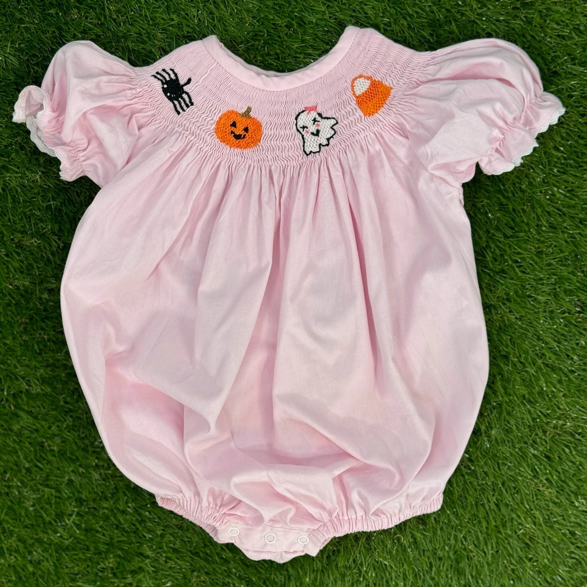 Smocked Halloween Bubble in Pink with Spider, Candy Corn, Ghost, and Pumpkin