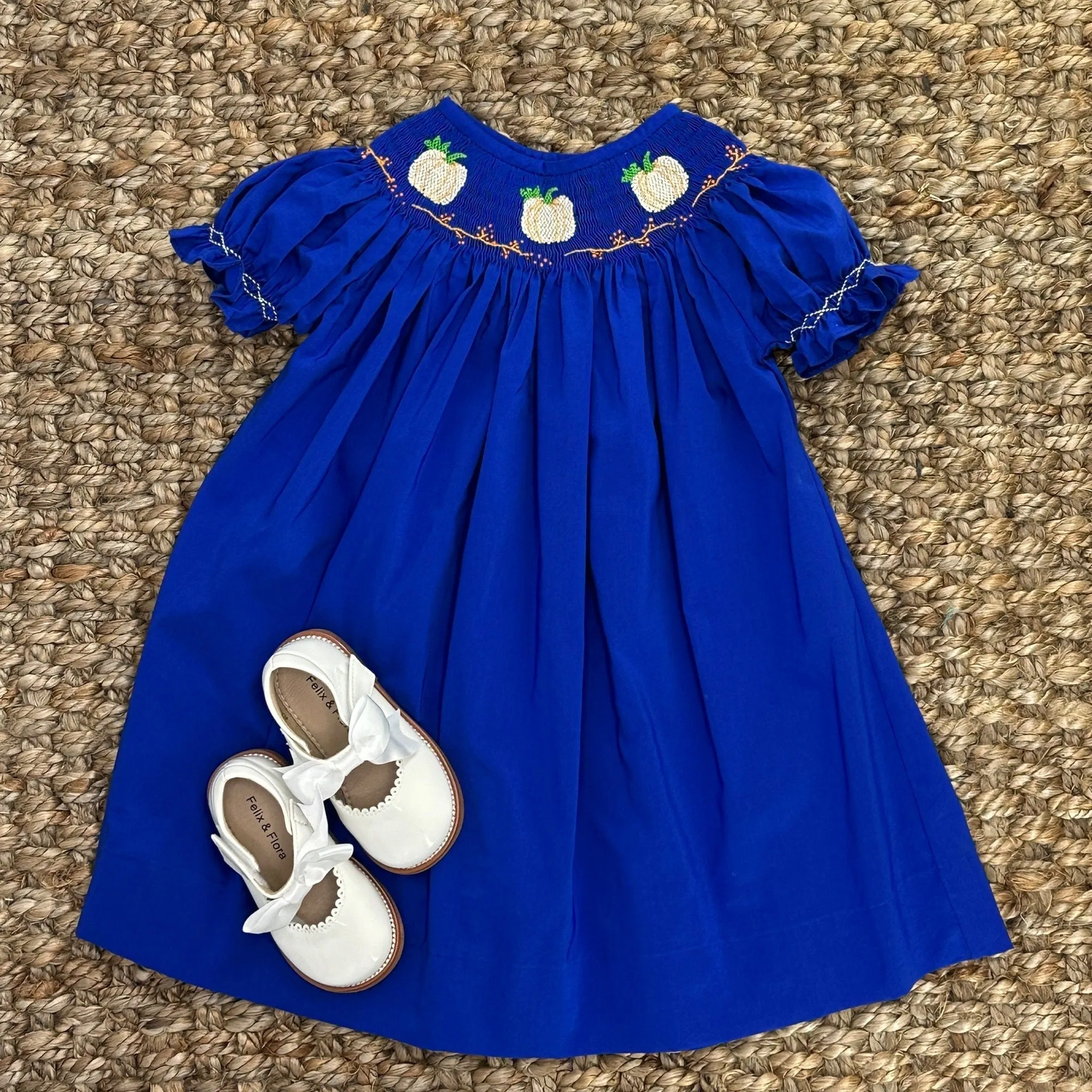 Smocked Ivory Pumpkin Bishop Dress in Blue