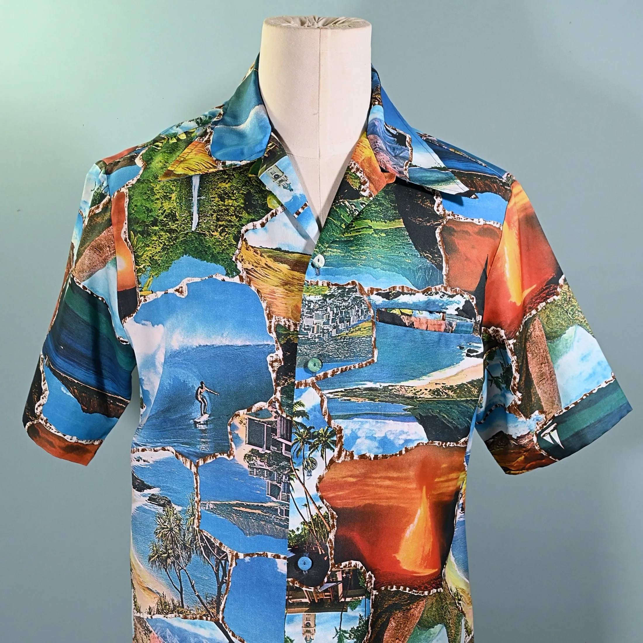 SOLD Vintage 70s Photo Print Surfer Hawaiian Shirt, Polyester Aloha Shirt by Andrade M