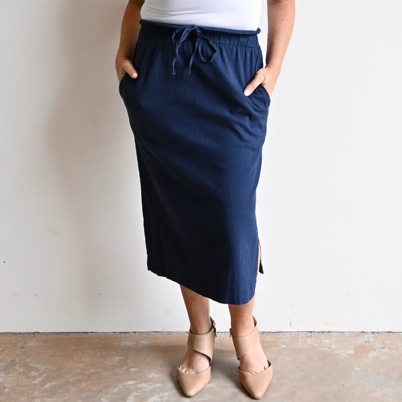 Stretch Linen Midi Skirt