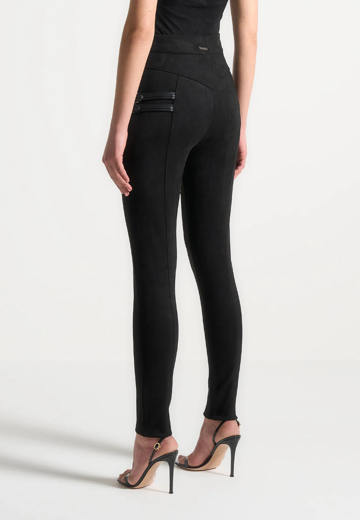 Suede Buckle Detail Leggings - Black