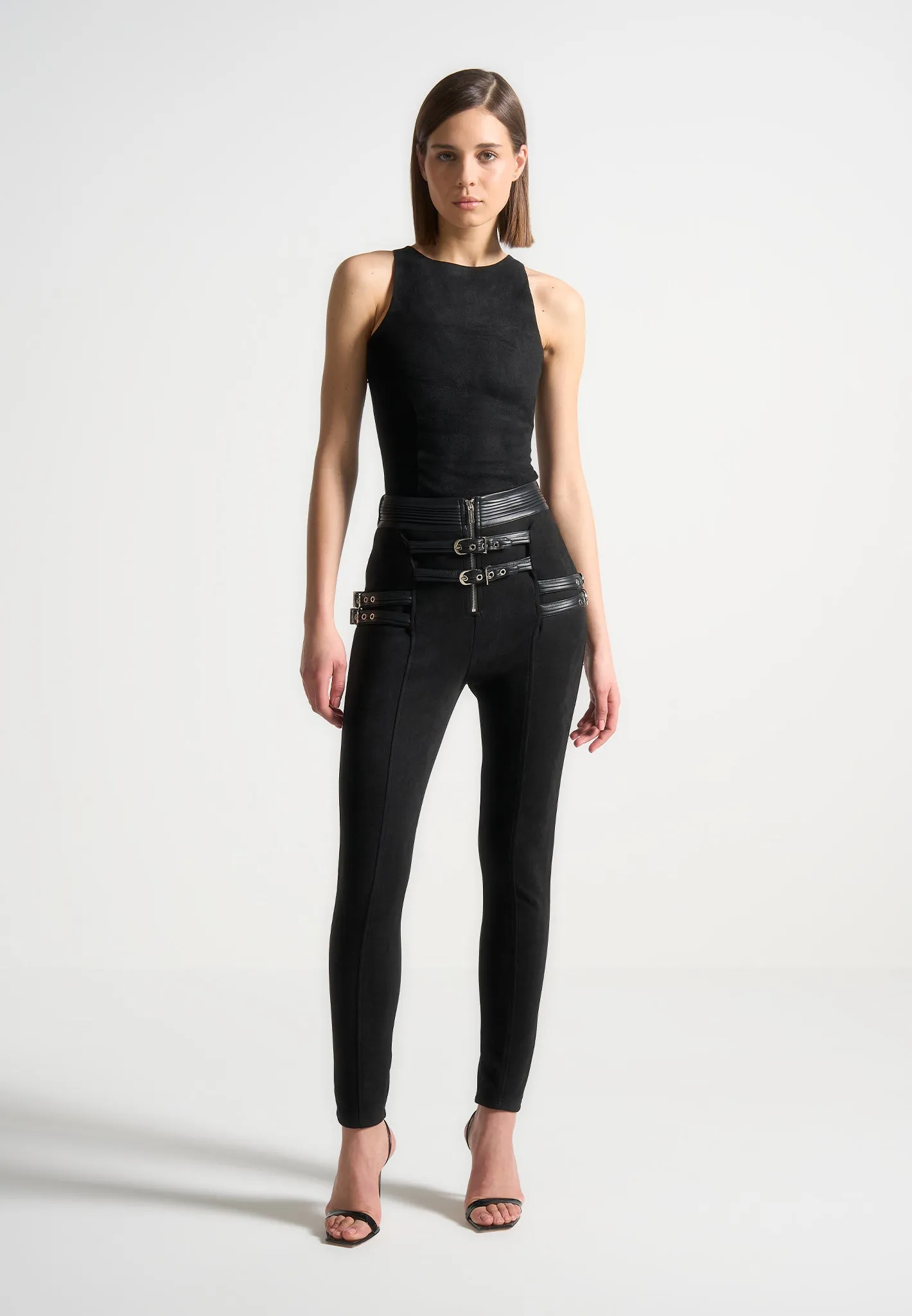 Suede Buckle Detail Leggings - Black