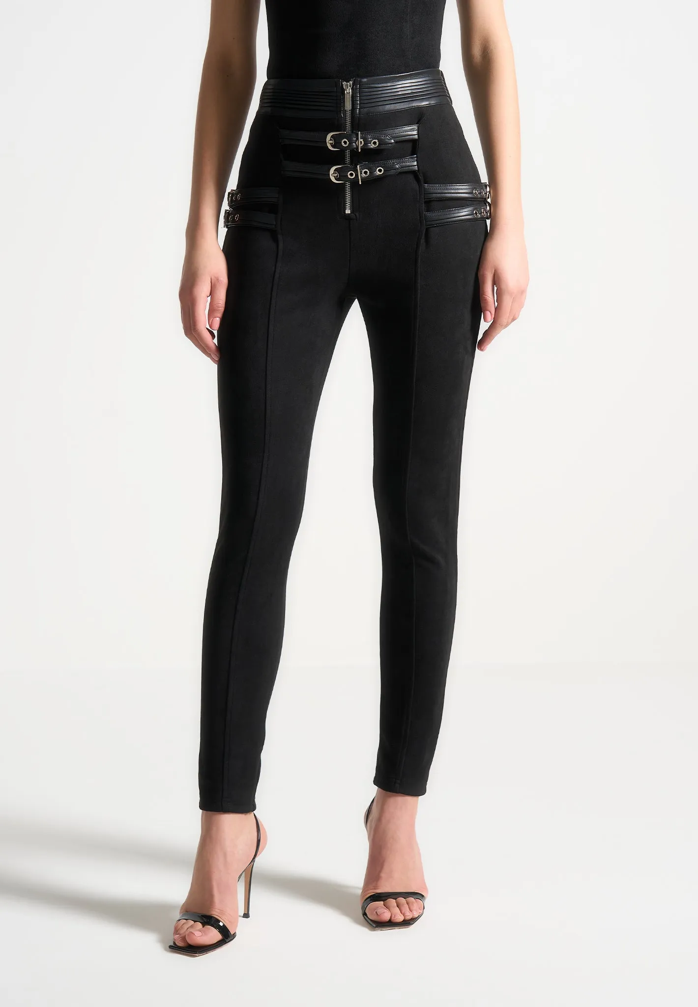 Suede Buckle Detail Leggings - Black