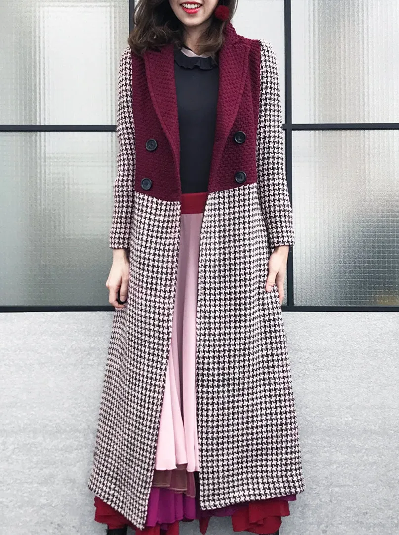 Surprise Sale! Burgundy and Houndstooth Colourblock Woolen Long Coat