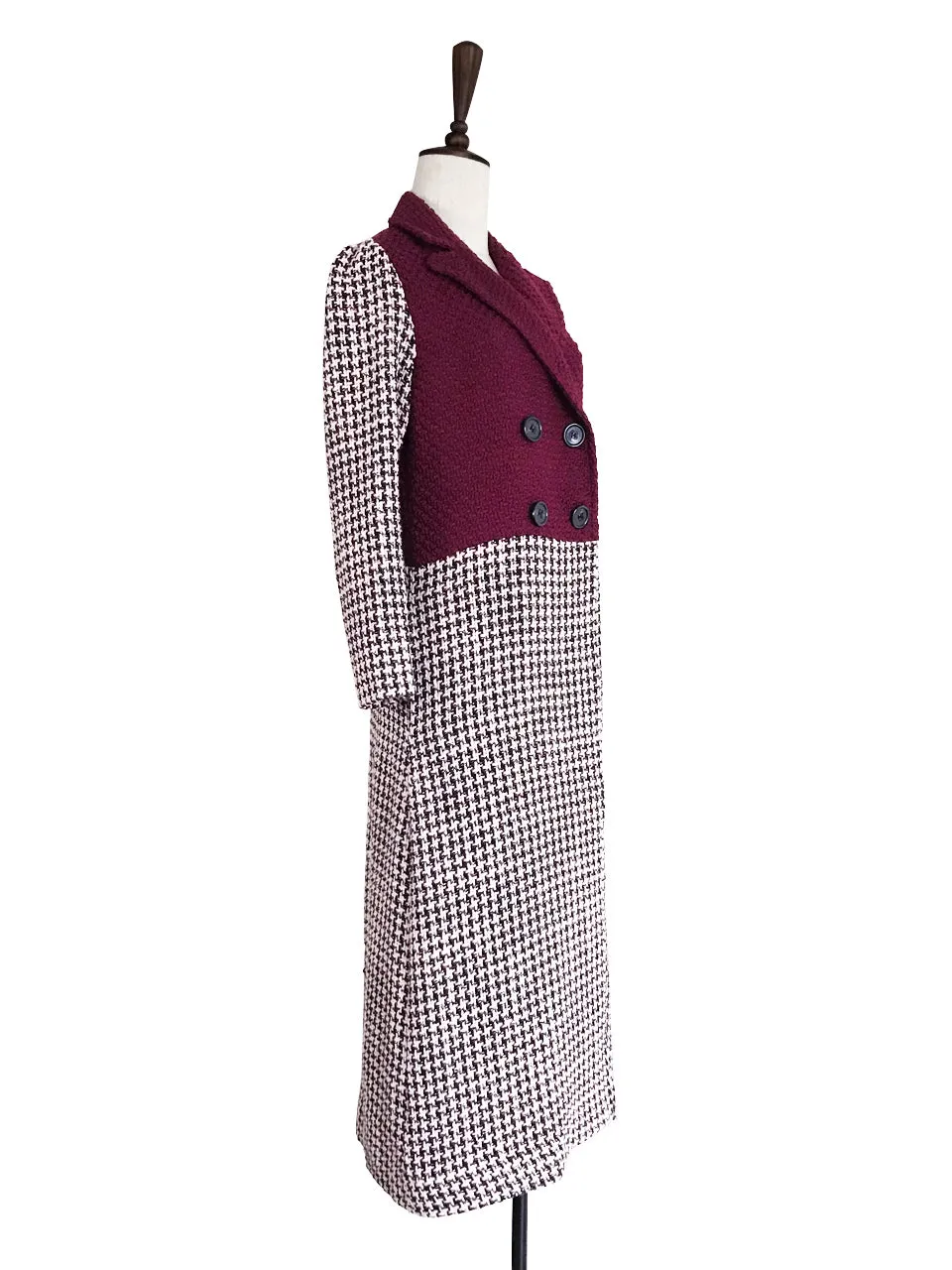 Surprise Sale! Burgundy and Houndstooth Colourblock Woolen Long Coat