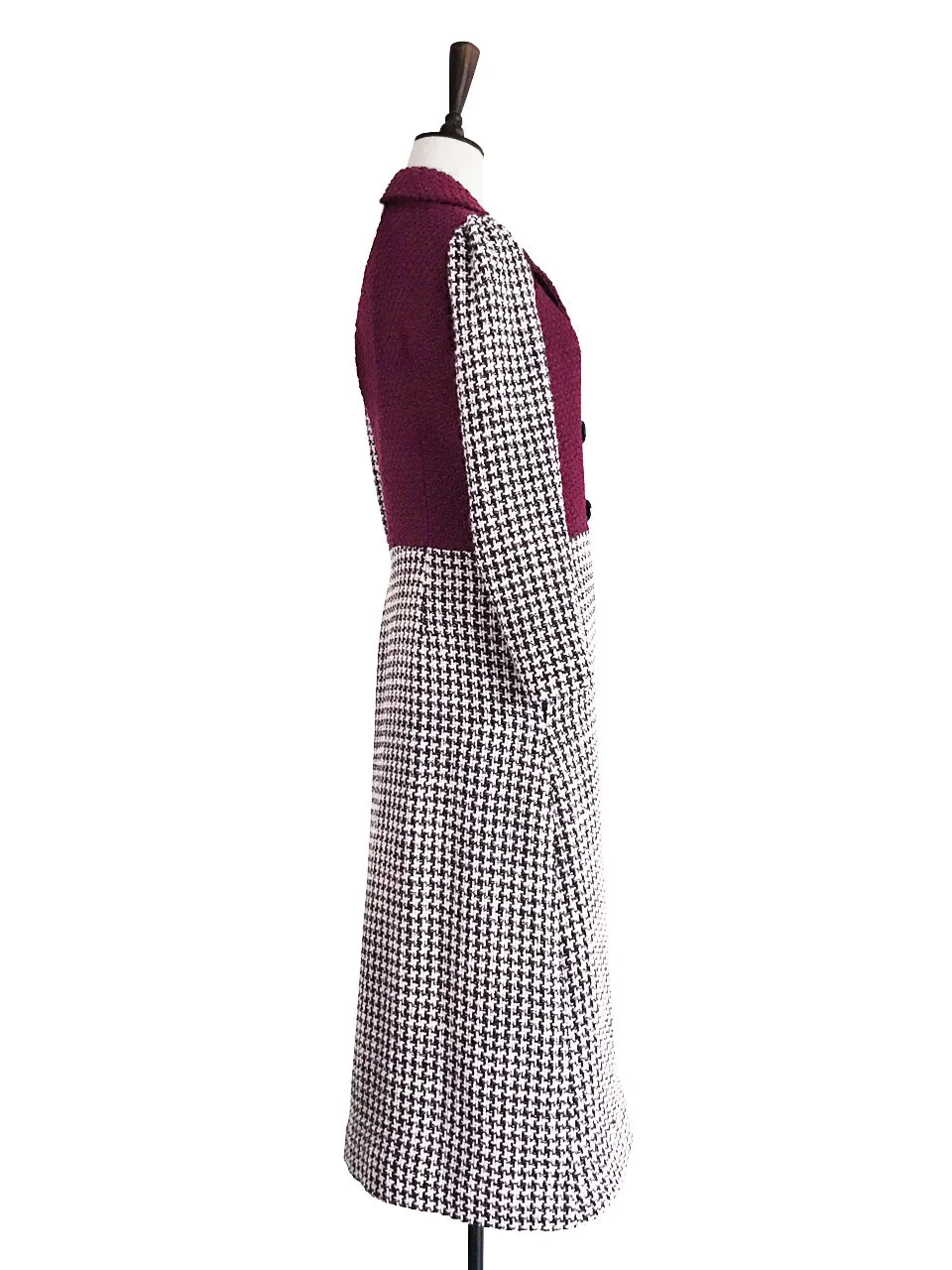 Surprise Sale! Burgundy and Houndstooth Colourblock Woolen Long Coat