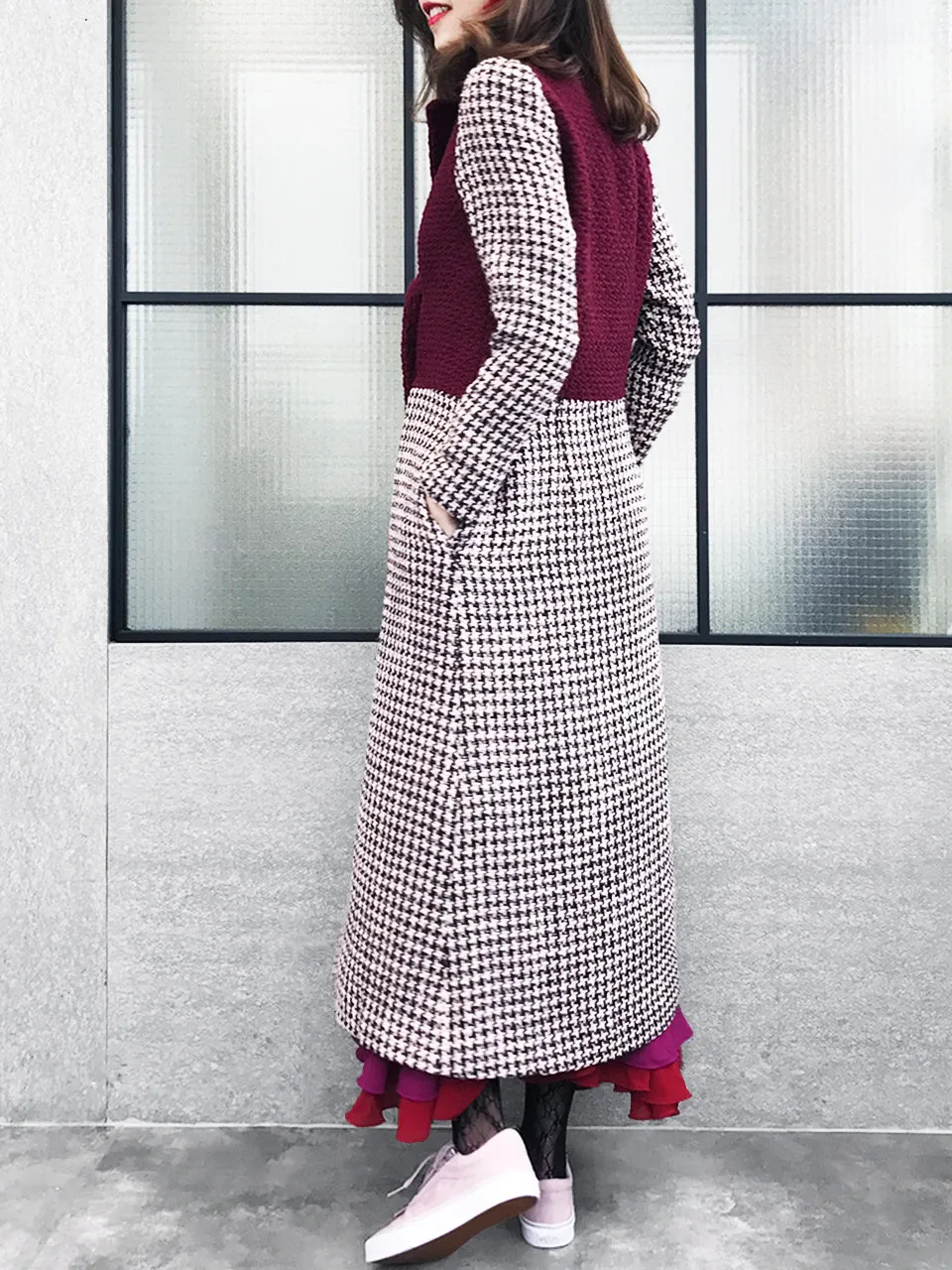 Surprise Sale! Burgundy and Houndstooth Colourblock Woolen Long Coat