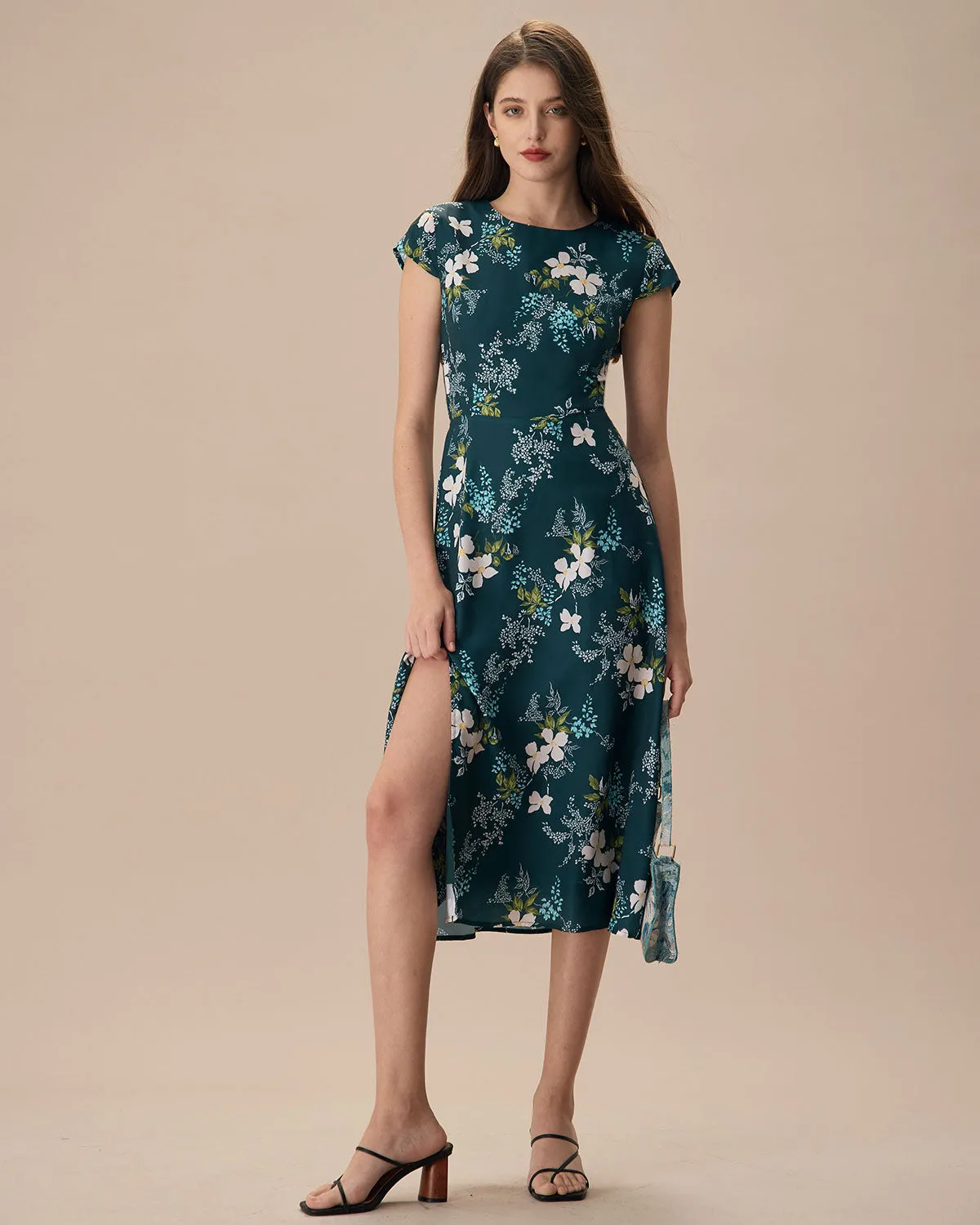 The Green Round Neck Cutout Floral Midi Dress