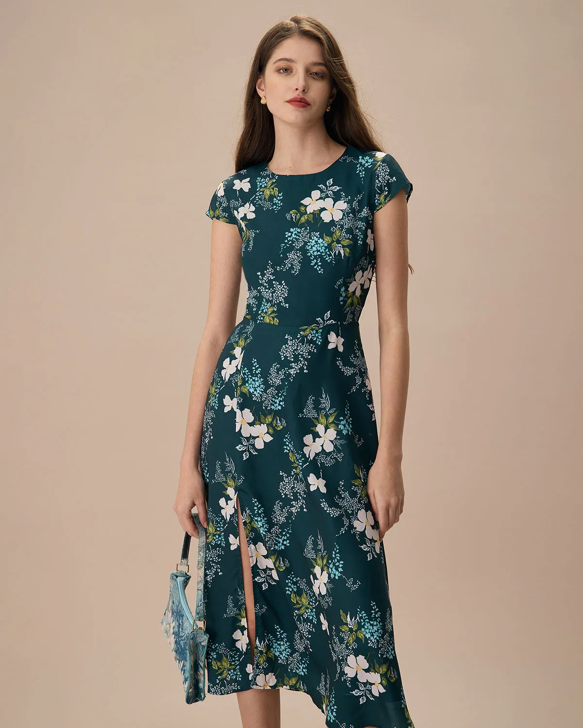 The Green Round Neck Cutout Floral Midi Dress