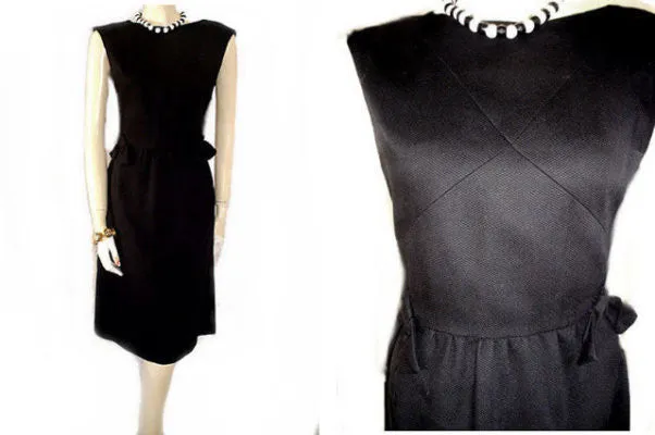 *VINTAGE '50s RICHARD FRONTMAN BLACK PIQUE DRESS ADORNED WITH BOWS & A METAL ZIPPER