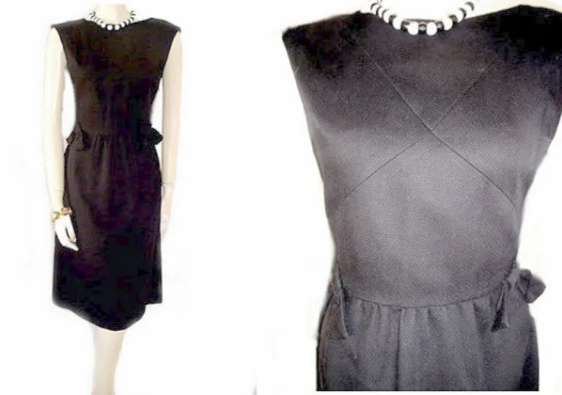 *VINTAGE '50s RICHARD FRONTMAN BLACK PIQUE DRESS ADORNED WITH BOWS & A METAL ZIPPER