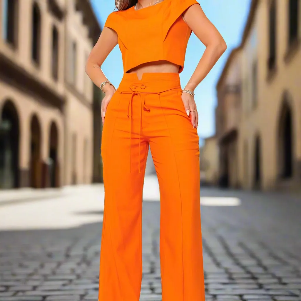 Women's Elegant Orange Two-Piece Set with Quarter Sleeves