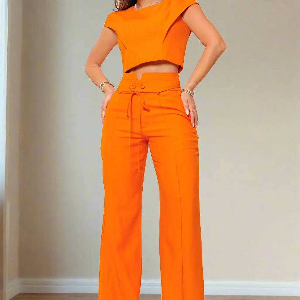 Women's Elegant Orange Two-Piece Set with Quarter Sleeves