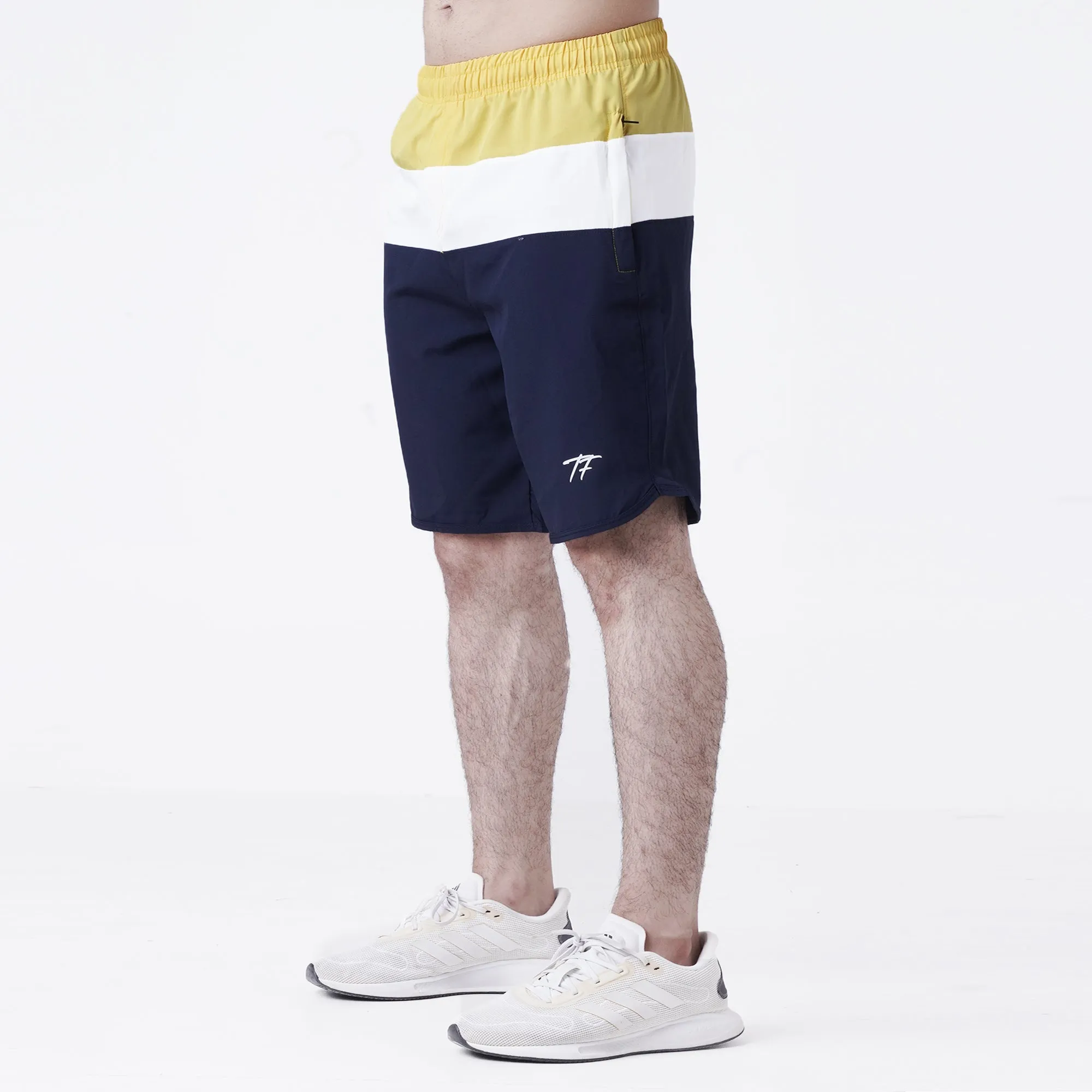 Yellow White Navy Tri-Panel Fitness Stage Shorts